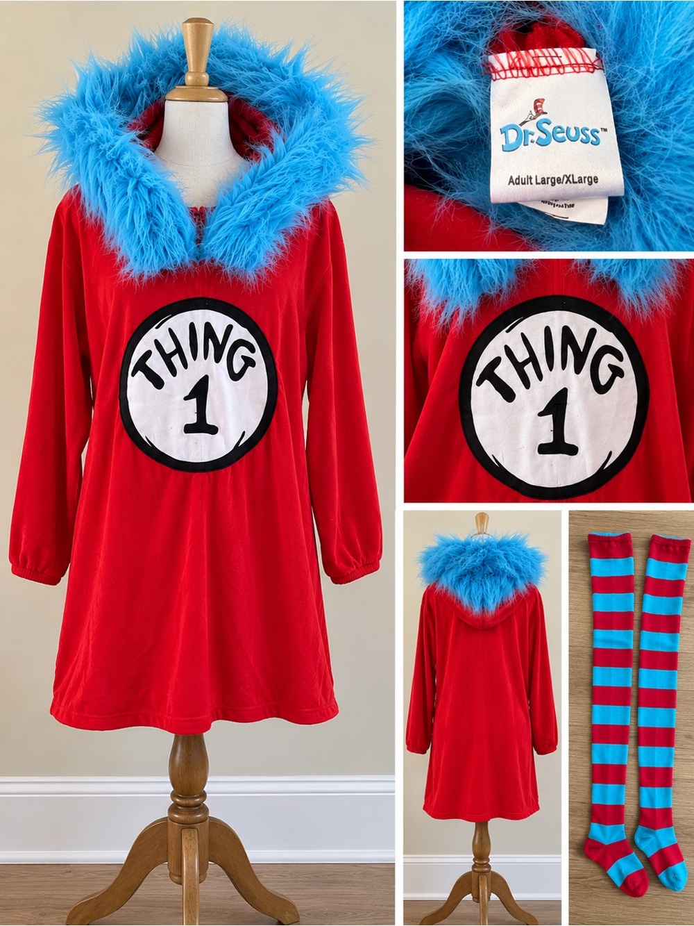 Dr. Seuss Red Thing 1 Hooded Costume Dress with Blue Faux Fur